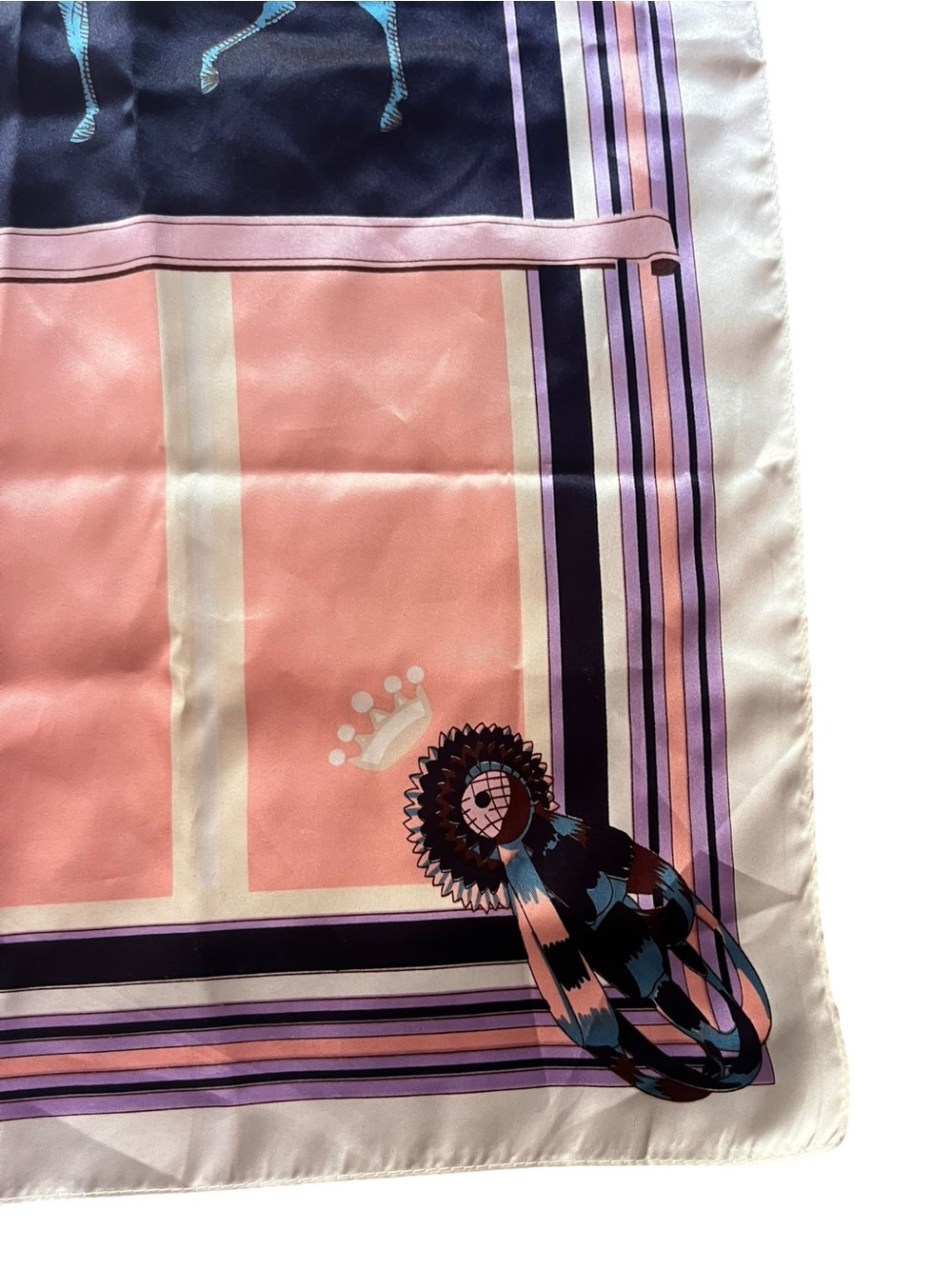 35x35 Equestrian Print Silk Feel Scarf in Pastel Patchwork - Picture 3 of 3